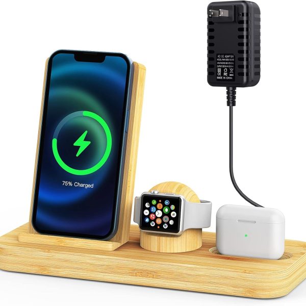 Бездротова зарядна станція OTESS SY-6928 3 в 1 з бамбука для продукції Apple